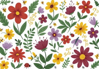 Colorful flowers and leaves on white