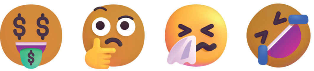 Emoji Faces Set – Money Mouth, Thinking, Sneezing, ROFL
