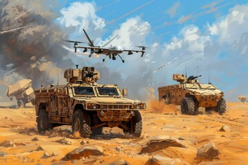 Digital illustration of military vehicles and a drone in a desert war zone, modern warfare concept