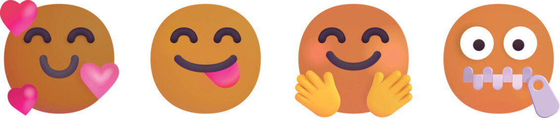 Obraz premium Emoji Faces Set – Smiling with Hearts, Food Love, Hug, Zipper Mouth 