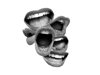 Naklejka na ściany i meble Contemporary art collage featuring screaming mouths. Communication concept, public opinion, public speaking, society, media. Message. Social media announcing