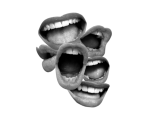Contemporary art collage featuring screaming mouths. Communication concept, public opinion, public speaking, society, media. Message. Social media announcing
