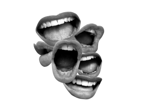 Contemporary art collage featuring screaming mouths. Communication concept, public opinion, public speaking, society, media. Message. Social media announcing