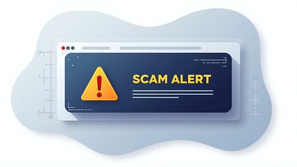 Digital scam alert warning with bright yellow triangle and exclamation mark.