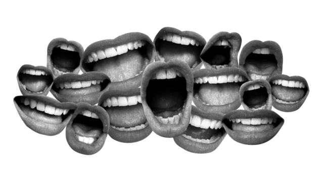 Contemporary art collage featuring screaming mouths. Communication concept, public opinion, public speaking, society, media. Message. Social media announcing