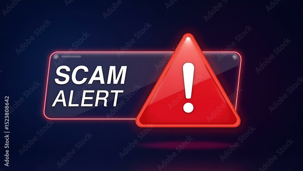 Aufkleber red triangular warning sign with 'scam alert' text highlighted against a dark background.