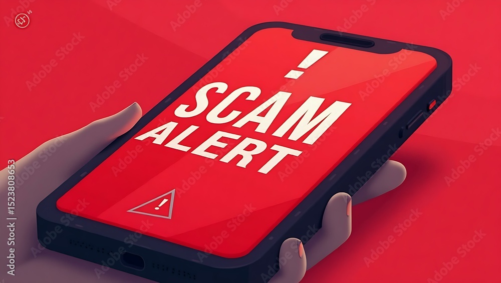 Poster a smartphone displaying a vibrant red 'scam alert' message on a sleek background.