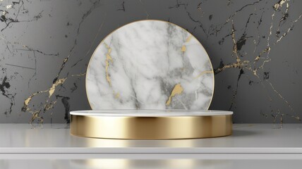 White Marble And Gold Cylinder Stage Podium On A Glossy Gray Background For Product Presentations on marble wall background.