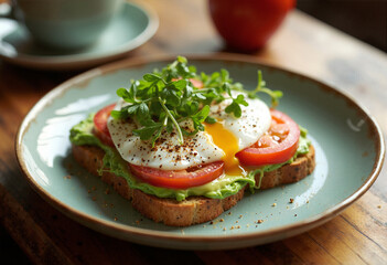 A photorealistic image of avocado toast on sourdough bread, topped with poached egg and microgreens, served on a ceramic plate in soft morning light. Styled in a clean, minimal setting perfect food