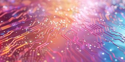 Cyber circuit board pink pastel color modern diagram structure wallpaper illuminated electricity data holographic close up shot.