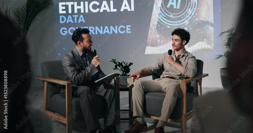 Poster forum, microphone and business men in discussion on stage for ethical ai data governance on screen. 
