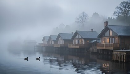 Fototapeta premium Lakeside cabins on a foggy lake with ducks swimming in the water