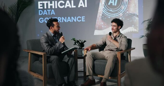 Forum, microphone and business men in discussion on stage for ethical AI data governance on screen. Presentation, tablet and male tech analysts with seminar for privacy compliance at conference.
