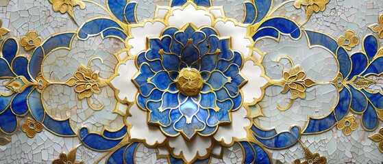 Close up blue white ceramic cup bowl chinese line flower pattern glossy gold elegance tradition.