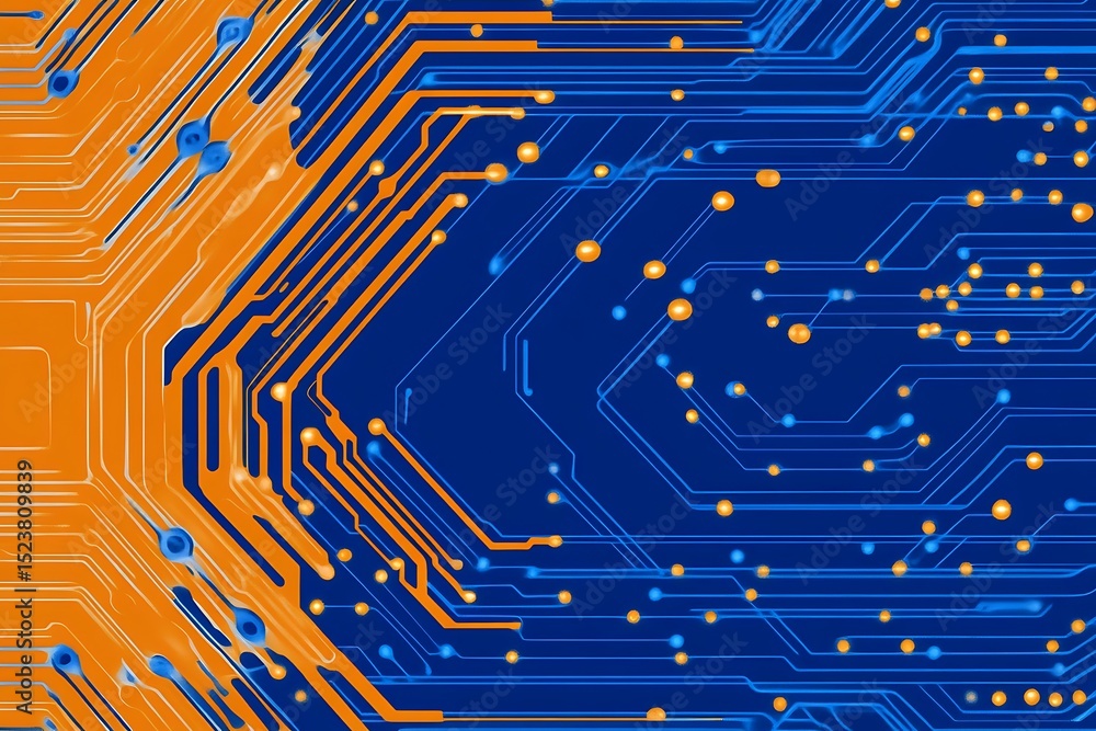 Poster intricate technology schematic rendering of electronic circuit board layout