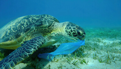 Sea turtle eating plastic bag underwater, highlighting pollution