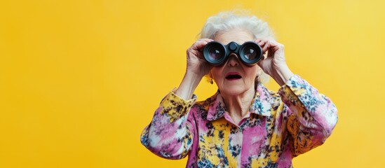 Surprised grandmother looking through binoculars on yellow background - banner with text space