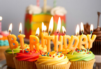 Vibrant City Landscape Birthday Celebration Cityscape Candles and Cupcakes