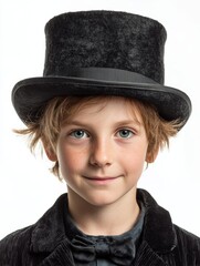 Portrait of Smiling Boy in Vintage Suit and Top Hat on White Background