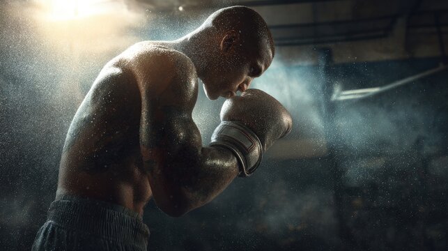 Sports and Hobbies illustration A man boxing in a gritty gym sweat flying dramatic lighting Man lifestyle