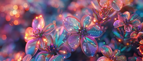 flowers covered in petal glass holographic glitter illuminated sparkles iridescent hyper realistic photorealism elegance macro close up shot.