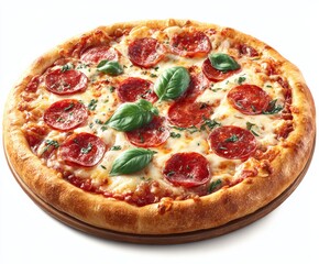 Photo pizza with melted cheese, pepperoni, and fresh basil, isolated on a white background
