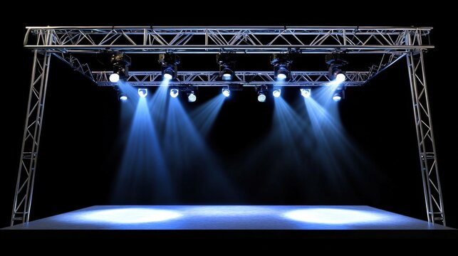 Stage lighting with spotlights being installed on aluminum concert stage - Powered by Adobe