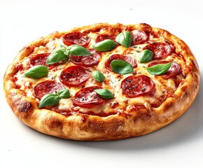 Photo pizza with melted cheese, pepperoni, and fresh basil, isolated on a white background