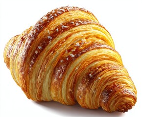 Golden croissant with flaky texture, isolated on white background