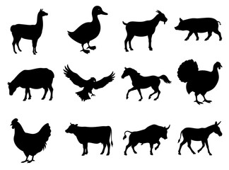 Black Silhouette Collection of Farm Animals in Profile View