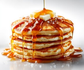 Stack of pancakes with butter and syrup drips on white background