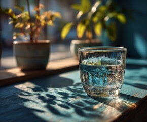 Glass of Water on Wooden Table in Sunlight by Window