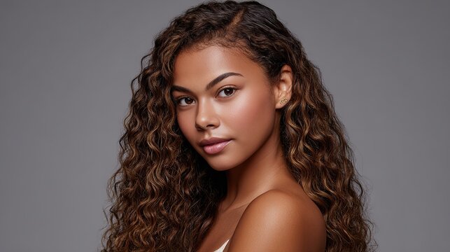 The high-resolution advertising image shows a beautiful woman with long, wavy dark brown hair. Creating a sense of luxury and style, it is suitable for showcasing professional beauty studio services.