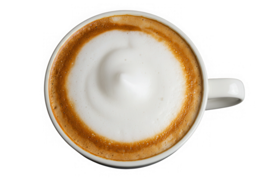 Top view of cappuccino coffee with frothy milk isolated on transparent background