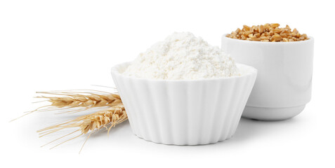 Wheat flour, grain and spikes isolated on white
