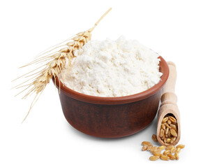 Wheat flour, grain and spikes isolated on white