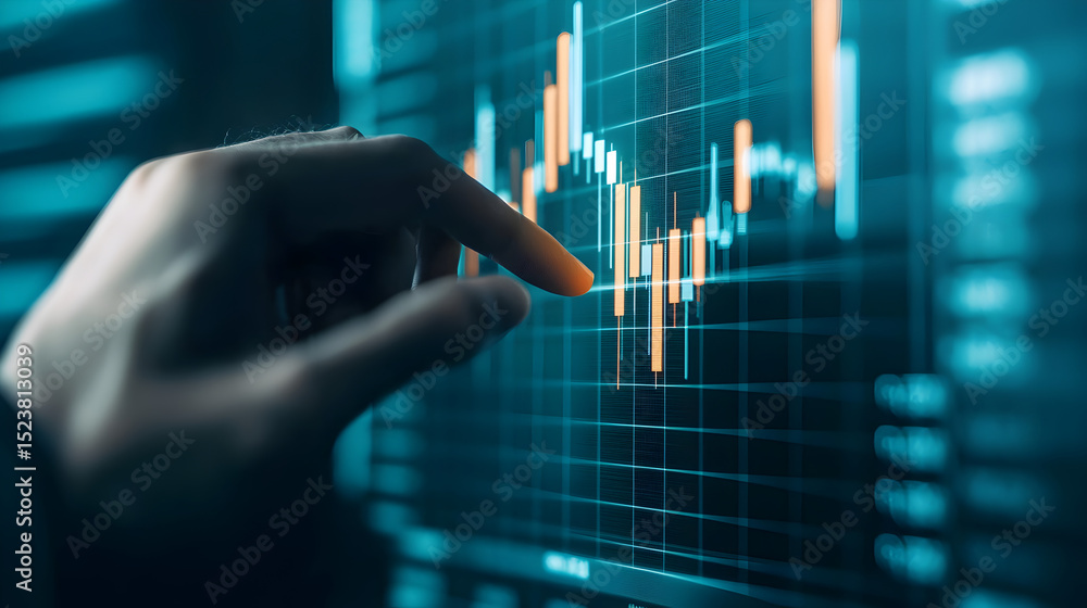 Poster a hand interacts with a digital financial chart displaying fluctuating data and candlestick graphs.