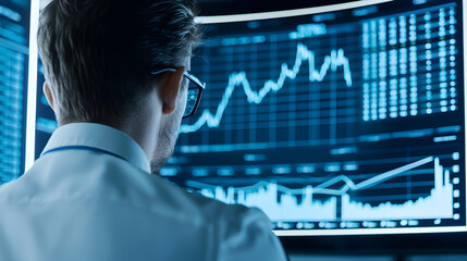 A professional analyzes financial data and charts on multiple computer screens in a modern office setting.