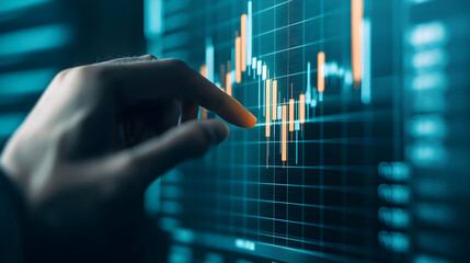 A hand interacts with a digital financial chart displaying fluctuating data and candlestick graphs.