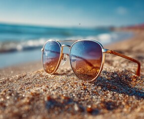 Sunglasses on the sand at the beach, with the sea in the background