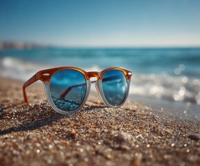 Sunglasses on the sand at the beach, with the sea in the background