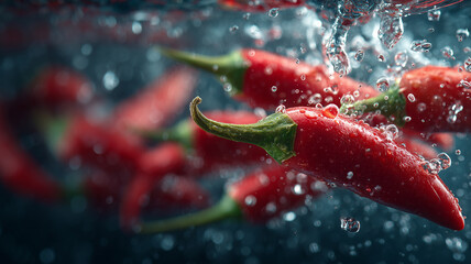 Bright red chili peppers floating in water create vibrant scene