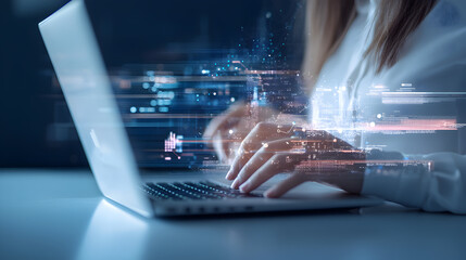 A person types on a laptop, with digital code and data graphics overlaying, symbolizing technology and programming.