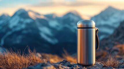 Thermos with tea against mountain background close-up - text space