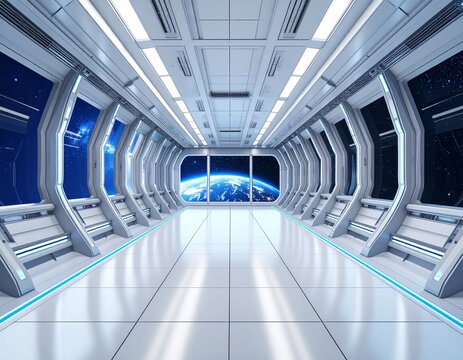 Interior of a futuristic space station with large panoramic windows showing Earth - Powered by Adobe
