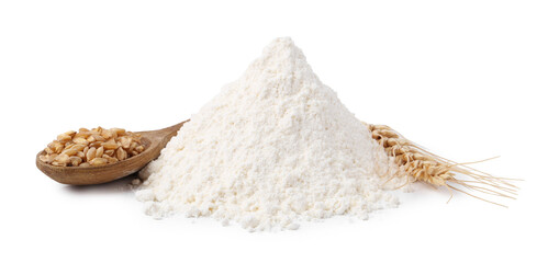 Wheat flour, grains and spikes on white background