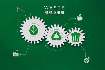 Waste management with recycling icons and disposal gears on green background. Environmental sustainability infographic. Waste management analysis. Zero waste. Green business. Waste collection data