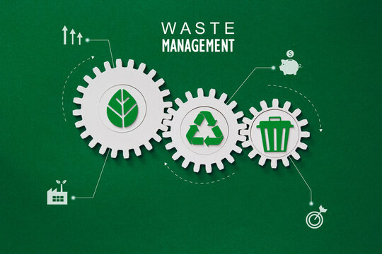 Waste management with recycling icons and disposal gears on green background. Environmental sustainability infographic. Waste management analysis. Zero waste. Green business. Waste collection data