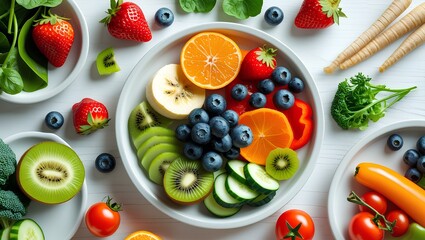 Top view of mixed fruits and vegetables on a white plate. Fresh, vibrant, and healthy.