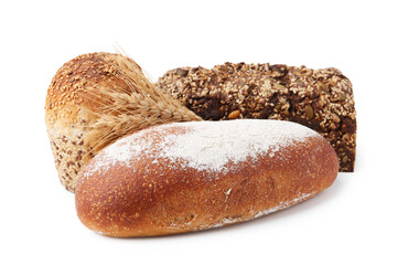 Fresh bread loaves and spikes isolated on white